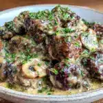 creamy slow cooker beef stroganoff - featured image