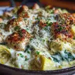 creamy spinach artichoke chicken skillet - featured image